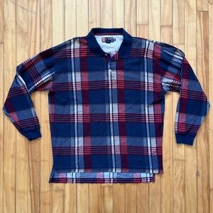 Vintage Chaps Ralph Lauren Plaid Long Sleeve Polo Shirt Mens XLT Navy Red Cotton